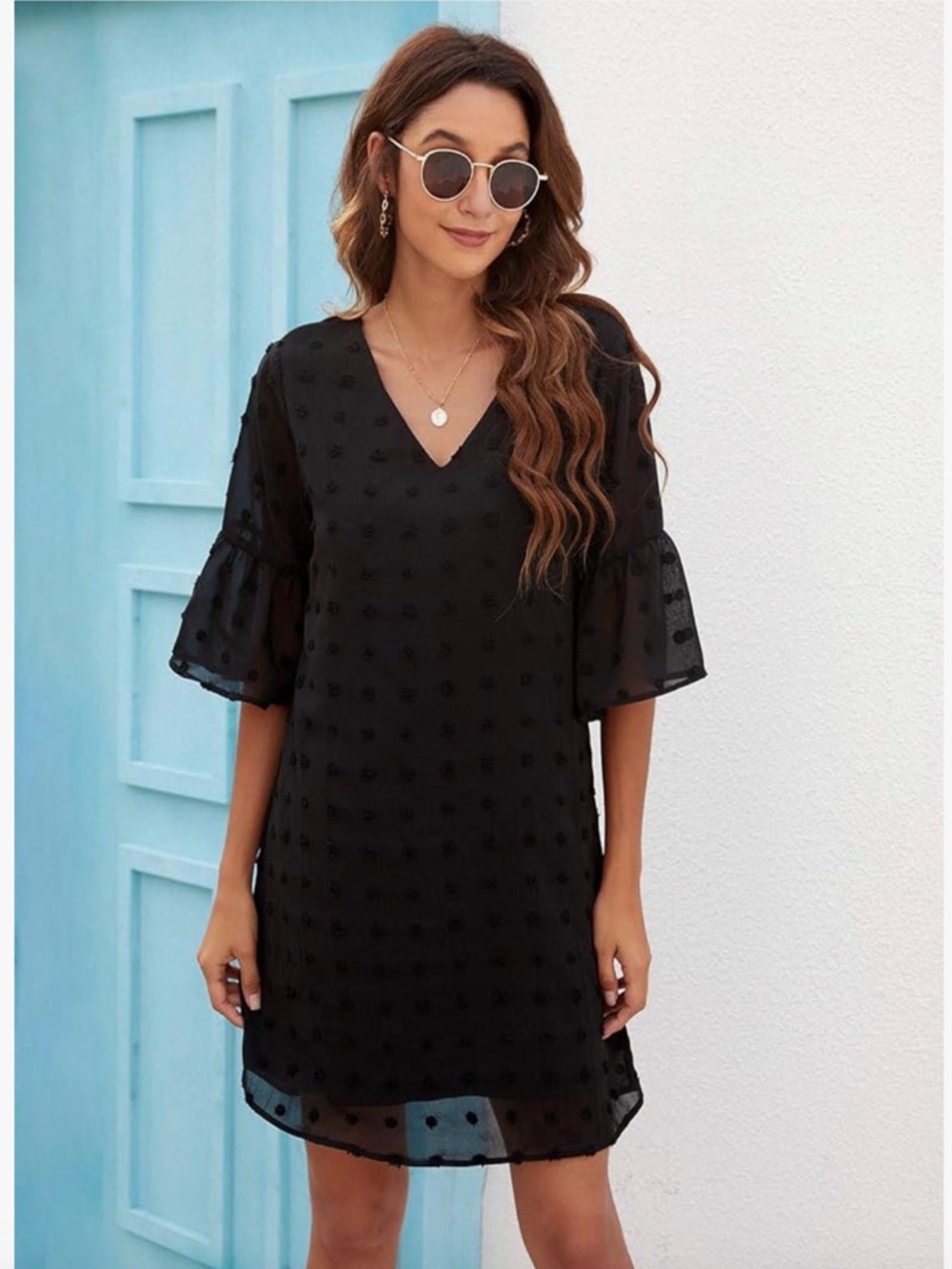 Black V-Neck Swiss Dot Shift Dress